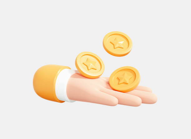 금화를 들고 있는 3d 손. 비용 절감 개념. 지불 및 캐쉬백. 창조적 인 현실적인 디자인. 돈 투자 및 비즈니스 상거래. 흰색 배경에 고립 된 만화 이모티콘 아이콘. 3d 렌더링 - coin gold human hand currency 뉴스 사진 이미지