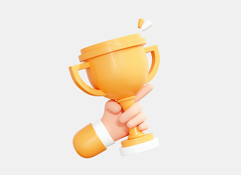 3D Hand holding Trophy cup. Business success concept. 1st place award. Character with gold reward. Victory prize icon isolated on white background. Cartoon creative design illustration. 3D Rendering