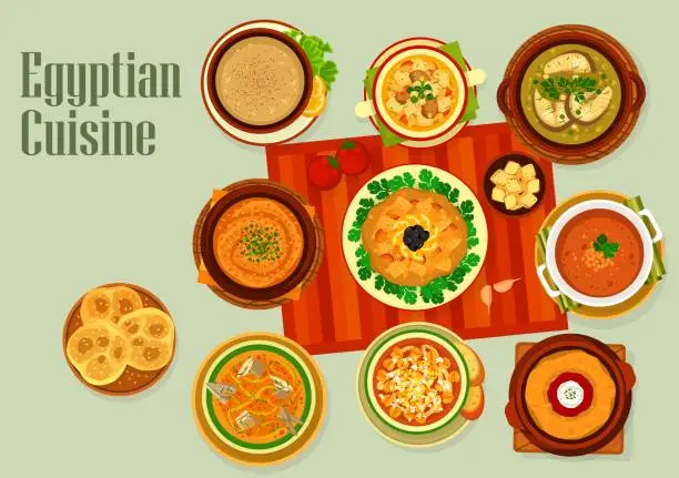 Vector illustration of Egyptian cuisine Ramadan dishes, Arabian food