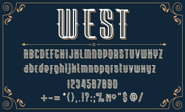 ilustrações de stock, clip art, desenhos animados e ícones de western retro front, wild west vintage alphabet - gothic style letterpress alphabet typescript