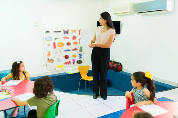 istock Dedicated teacher explaining a school lesson to her preschoolers 1409982055