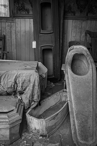 Unused caskets remain inside the old morgue in Bodie Ghost Town.