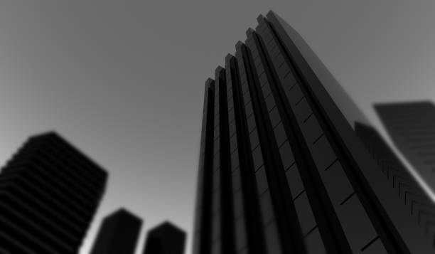 istock Bottom view of modern skyscraper building monochrome black and white design on blurred background. Architectural black design of the facade of a high-rise building blur. 3D rendering. 1409988440