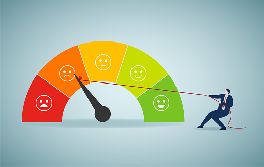 Performance rating or customer feedback, credit score or satisfaction measurement, quality control or improvement concept, strong businessman pull the string to make rating gauge to be excellent.regulate emotion