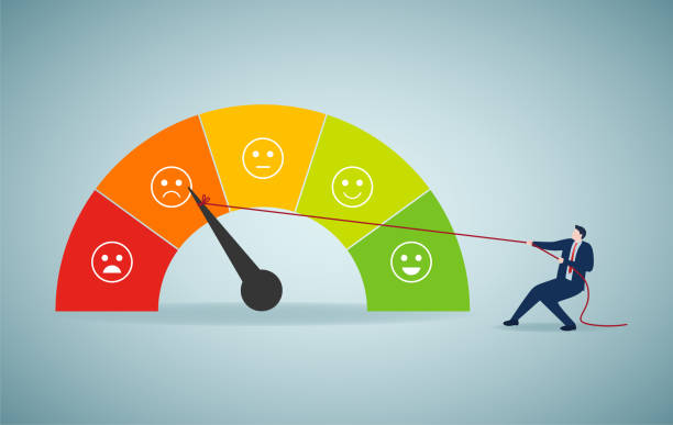Performance rating or customer feedback，regulate emotion Performance rating or customer feedback, credit score or satisfaction measurement, quality control or improvement concept, strong businessman pull the string to make rating gauge to be excellent.regulate emotion credit score stock illustrations