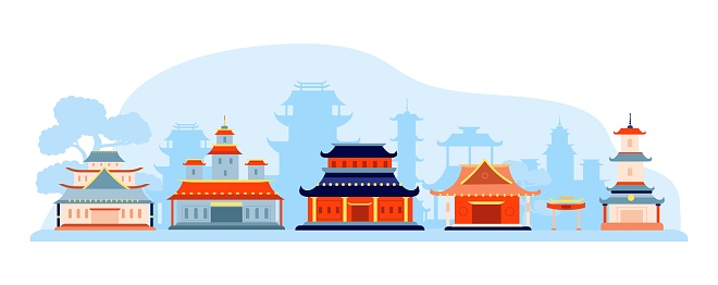 Chinese japanese buildings, temple and gates landscape. Tree, volcano and chinatown. Asia travel banner, oriental houses vector abstract background of japanese temple landscape illustration