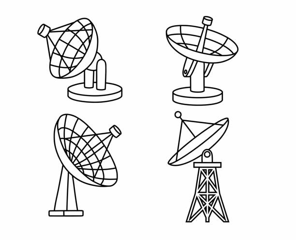흰색 배경에 윤곽선 스타일의 위성 접시 아이콘 세트. - radio telescope stock illustrations