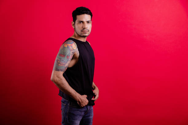 Tattoo, hipster, portrait, red.