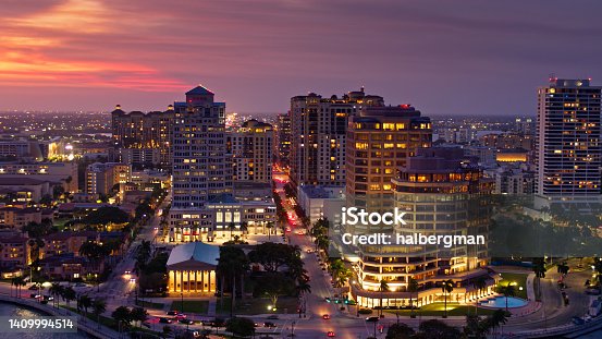 istock Drone Shot of West Palm Beach, Florida at Sunset 1409994514