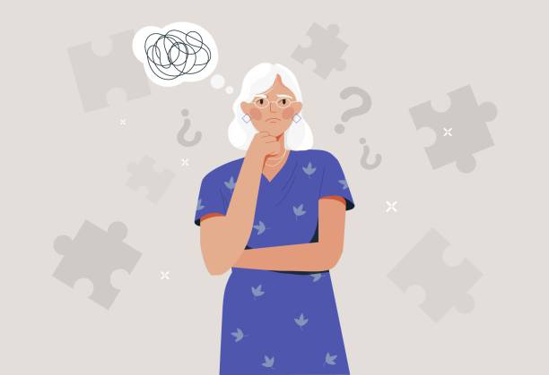 Alzheimer illness concept Alzheimer illness concept. Elderly woman with glasses trying to remember something. Diseases from old age, problems with brain and memory. Amnesia and dementia. Cartoon flat vector illustration alzheimer's disease stock illustrations