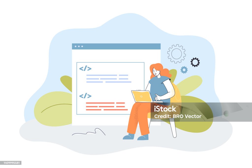 Desainer Web Atau Programmer Wanita Kecil Yang Menulis Kode Html Di ...