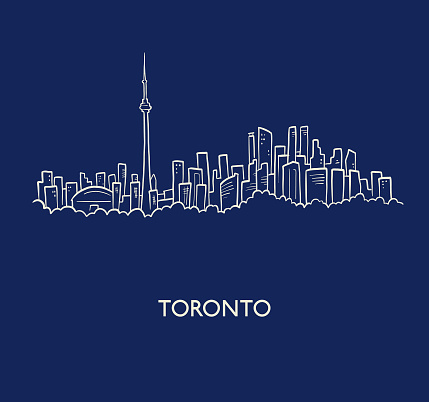 Cartoon sketch of the Toronto skyline on a blue background