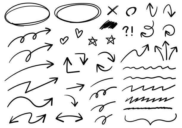 ilustraciones, imágenes clip art, dibujos animados e iconos de stock de conjunto de varias flechas, líneas y símbolos escritos a mano - dibujar