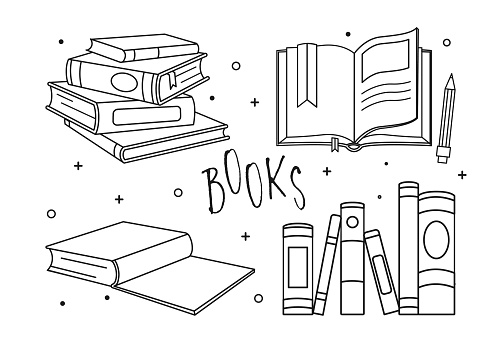 Set of Hand Drawn Books. Minimalistic poster or banner for website. Love for literature, useful hobbies, reading and education. Training and self development. Cartoon flat vector illustrations