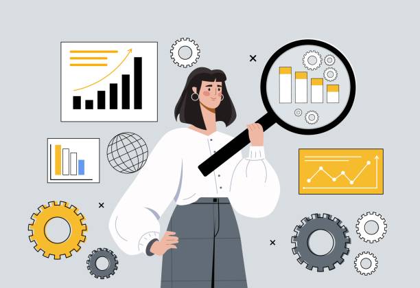 Business analysis concept Business analysis concept. Woman with magnifying glass evaluates graphs. Development of financial strategy. Girl conducts marketing research, studies information. Cartoon flat vector illustration accounting firm stock illustrations