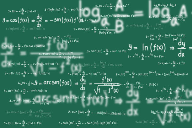 Equations and formulas of logarithms, derivatives, trigonometric, logarithmic, hyperbolic and inverse on green background Equations and formulas of logarithms, derivatives, trigonometric, logarithmic, hyperbolic and inverse on green background trigonometry stock illustrations