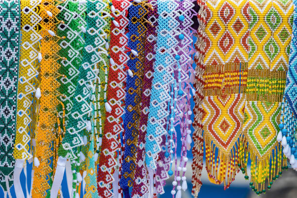 istock Multicolored women's beads with close-up patterns. The necklace is female. 1410001058