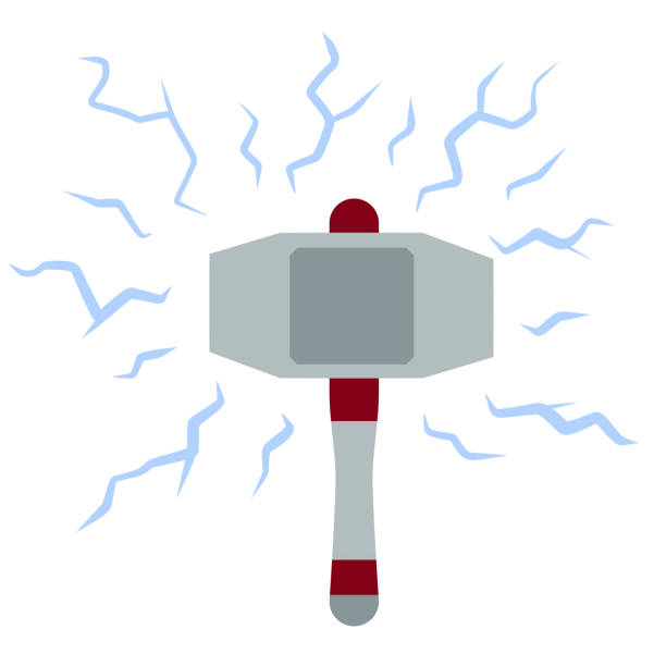 illustrazioni stock, clip art, cartoni animati e icone di tendenza di thor martello. arma di dio. mitologia norrena. simbolo del potere del fulmine blu. icona del cartone animato piatto. armi d'acciaio medievali - thunderstorm hammer scandinavian culture god