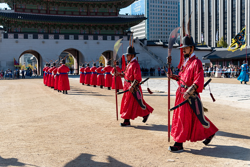Seoul, South Korea - November 04, 2019: The Royal Guard-Changing Ceremony Gyeongbokgung Palace. The Royal Guard-Changing Ceremony is a great opportunity to experience a rare traditional scene in Korea.
