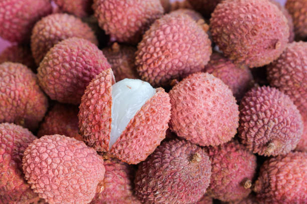 Fresh lychee fruits with one cut open in full frame Fresh lychee fruits with one cut open in full frame (manual focus) lychee stock pictures, royalty-free photos & images