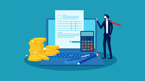 Earning and paying online. businessman standing with computer and pile of money vector