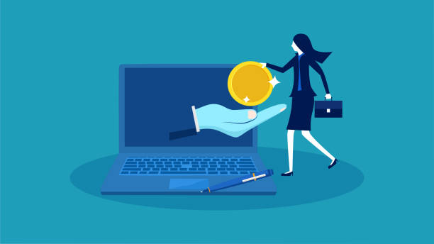 Pay online. businesswoman pays through a laptop computer. business concept vector Pay online. businesswoman pays through a laptop computer. business concept vector illustration off balance stock illustrations