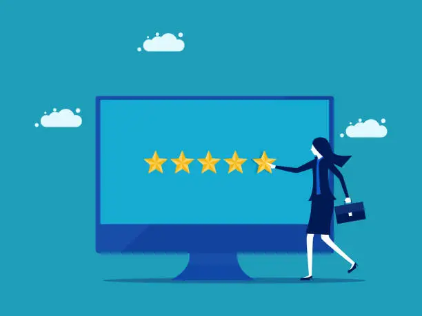 Vector illustration of feedback via online. The businesswoman gave five stars. customer experience concept