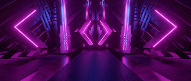 istock Minimal Concrete Grunge Big Hall Tunnel Alien Corridor Empty Showroom Neon Light Violet Banner Background Product Display 3D Rendering 1410013928