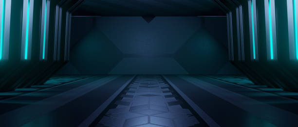istock Trendy Digital Illuminated Corridor Interior Design Blue Turquoise Used As Banner Background Wallpaper 3D Rendering 1410014036