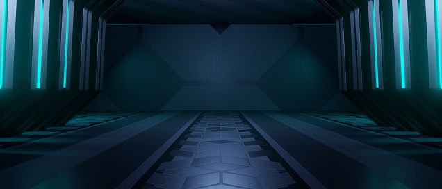 Trendy Digital Illuminated Corridor Interior Design Blue Turquoise Used As Banner Background Wallpaper 3D Rendering
