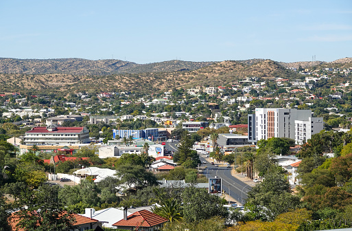 Windhoek in Khomas Region, Namibia, with commercial buildings visible in the distance.