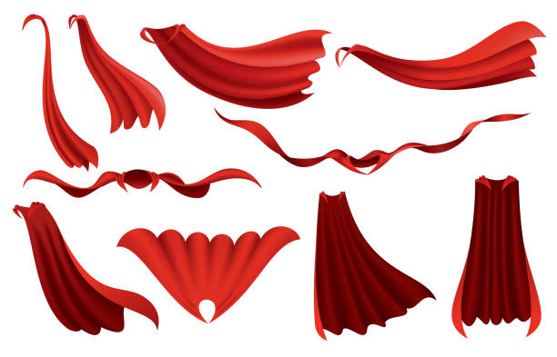 istock Superhero red capes. Scarlet fabric silk cloak in different position, front, side and top view. Carnival masquerade dress, 3d realistic costume design. Flying Mantle costume 1410014580