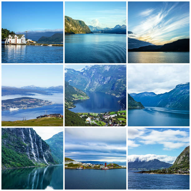 Collage of Norway natural summer seascapes and mountain fjords.