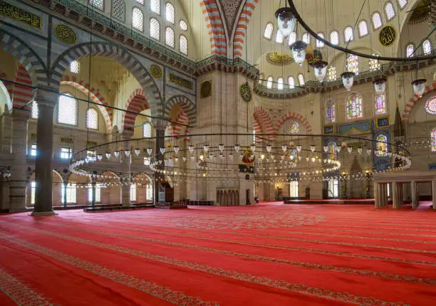 Interior of Suleymaniye Mosque (Süleymaniye Camii), built by the legendary architect, Mimar Sinan, in 1550 and it is known as one of his masterpieces, Istanbul, Turkiye