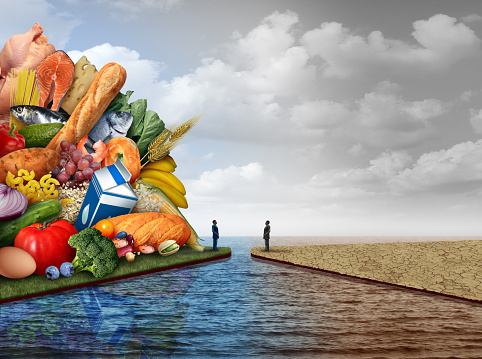Food inequality and unfair global agriculture as rich privileged versus poor underprivileged nutrition disparity and inequity and unequal distribution of groceries or world starvation and hunger with 3D illustration elements.