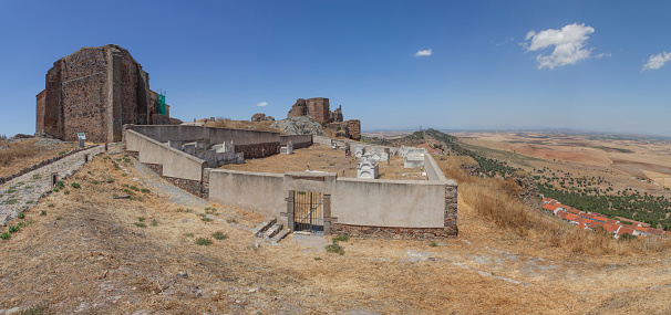 Saint Anne Church and graveyard. Magacela Castle hill, La Serena District, Extremadura, Spain
