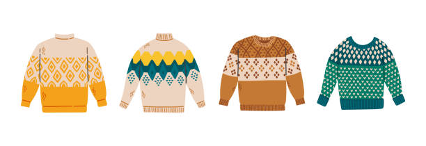 ilustrações de stock, clip art, desenhos animados e ícones de set of sweaters different colors knitted pullover warm cozy autumn vector illustration - camisola
