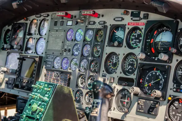 dials and gauges inside a cockpit together with other navigational systems