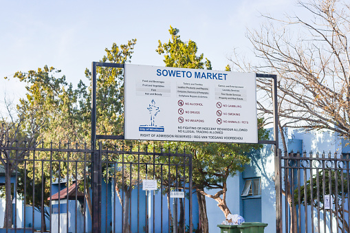 Commercial symbols and information visible at Soweto Market at Katutura Township near Windhoek in Khomas Region, Namibia. This is a commercial venue..