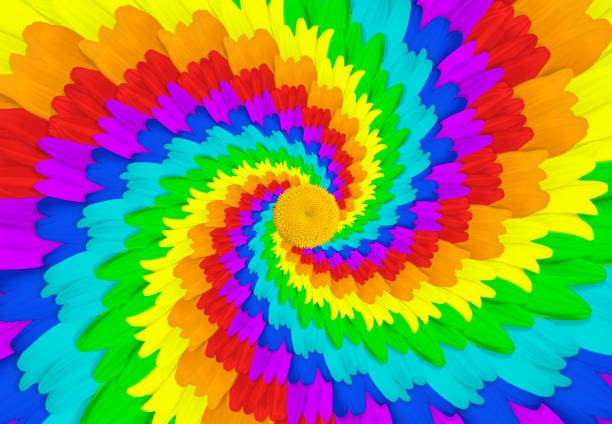 Abstract spiral pattern background made from rainbow colored daisies.
