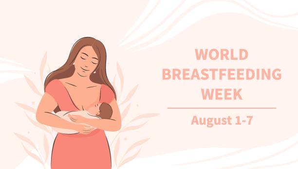 World Breastfeeding Week 01 World Breastfeeding Week. Banner about breastfeeding and motherhood. Woman and baby. Vector illustration. babyhood stock illustrations