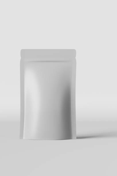 istock White pouch bags mockup branding light background 3D rendering. Merchandise packaging design Blank coffee beans doy pack 1410025485