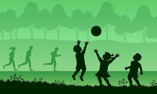silhouette of a group of children playing ball, green tone outdoor exercise illustration