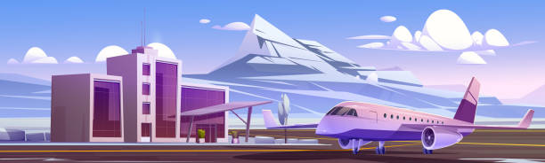 flughafenterminal und flugzeug im winter - airfield mountain snow airport stock-grafiken, -clipart, -cartoons und -symbole