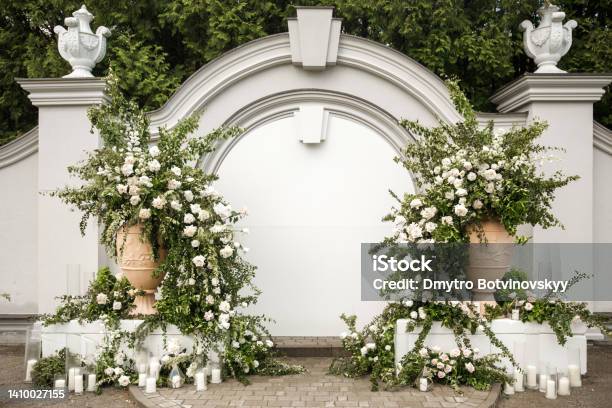 Arch For An Outdoor Wedding Ceremony With Candles Stock Photo - Download Image Now - Wedding, Flower, Natural Arch