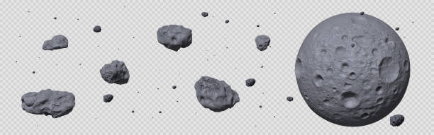 Stone asteroid belt. Meteor or flying space rock Stone asteroid belt realistic vector illustration. Meteor, space boulder or rock with craters flying in weightlessness isolated icon set on transparent background, various form asteroid stock illustrations