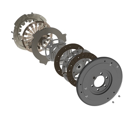 Car clutch assembly used for automotive maintenance 3D rendering isolated on white background. Exploded view. Spare parts.