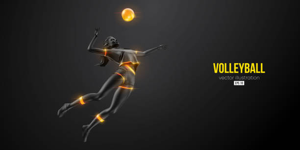 illustrations, cliparts, dessins animés et icônes de silhouette abstraite d’un joueur de volley-ball sur fond noir. la joueuse de volley-ball frappe la balle. illustration vectorielle - volleyball volleying women female