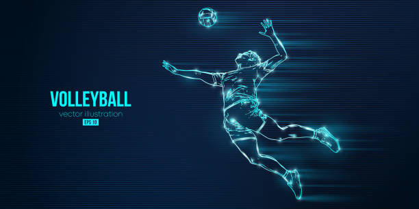 青い背景にバレーボール選手の抽象的なシルエット。バレーボール選手の男がボールを打つ。ベクターイラストレーション - ボレー点のイラスト素材／クリップアート素材／マンガ素材／アイコン素材