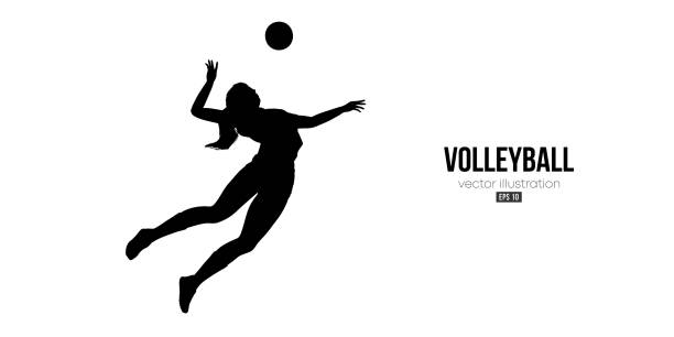 ilustrações, clipart, desenhos animados e ícones de silhueta abstrata de um jogador de vôlei em fundo branco. mulher jogadora de vôlei bate na bola. ilustração vetorial - volleyball volleying women female